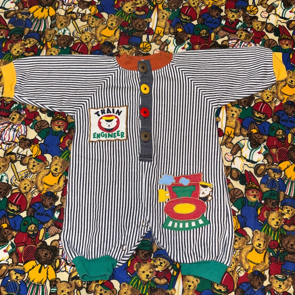 Striped Train Engineer Kids One Piece